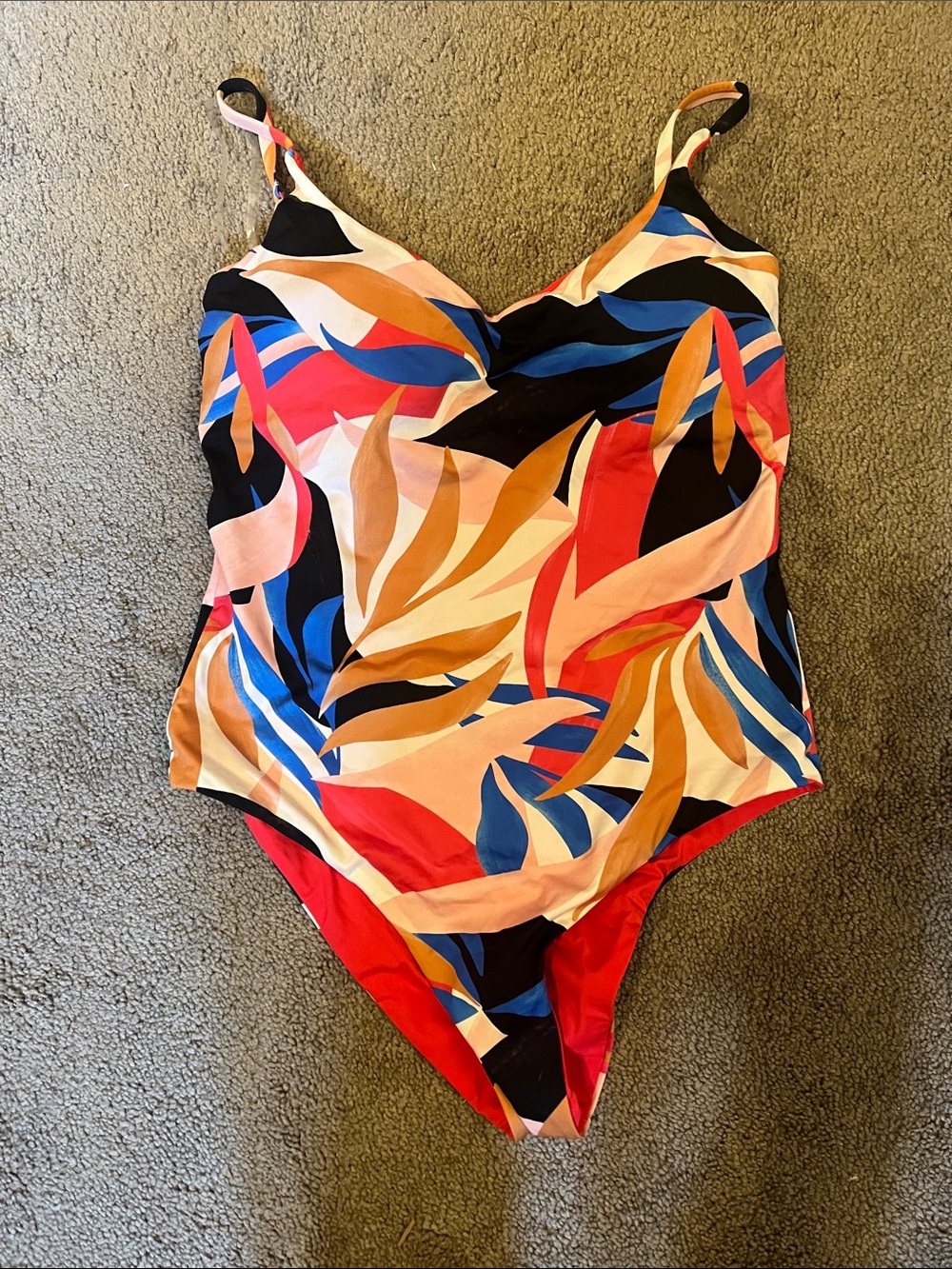 Prana Multicolor Leaf-Print One-Piece Swimsuit — Pink, Blue, Black, Tan, Red